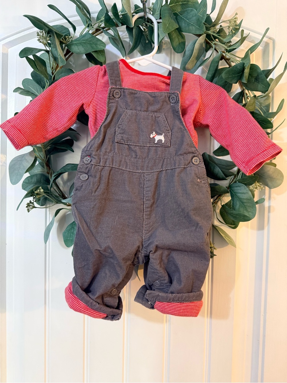 💫4/$25 • John Lewis Classic Gray Corduroy Overalls with Red Stripe Tee